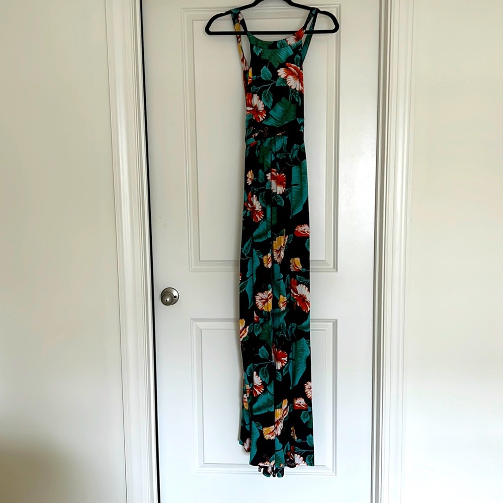 Navy Blue Palm Print Cross Back Maternity Maxi Dress